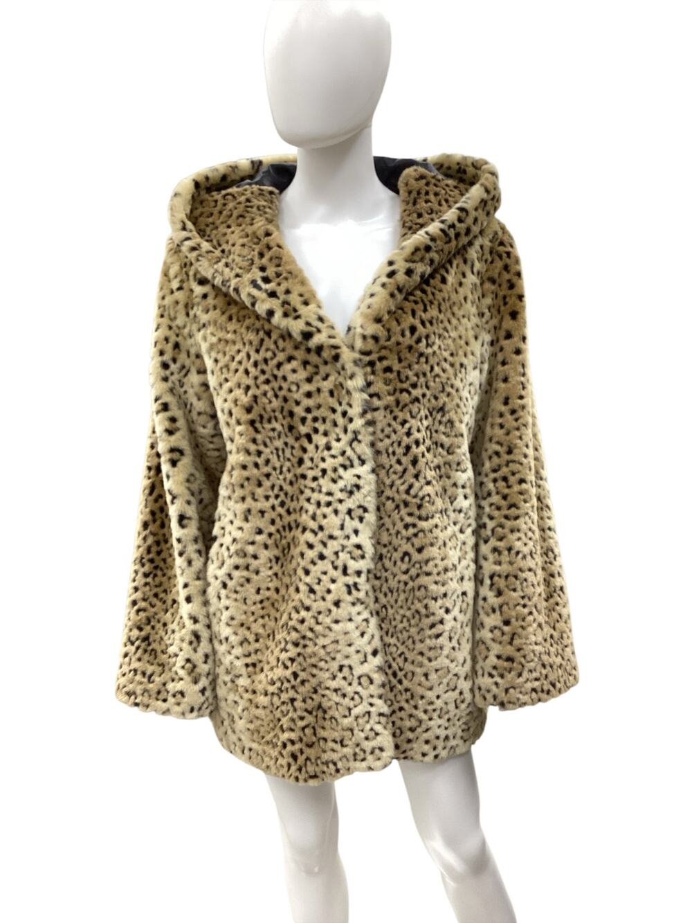 VTG Coat Women’s Size L/XL Faux Fur Hoodie Animal Print Pockets Brown Cheetah